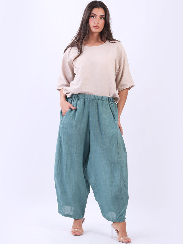 Made In Italy Relaxed Cocoon Linen Wide Leg Plain Baggy Trouser