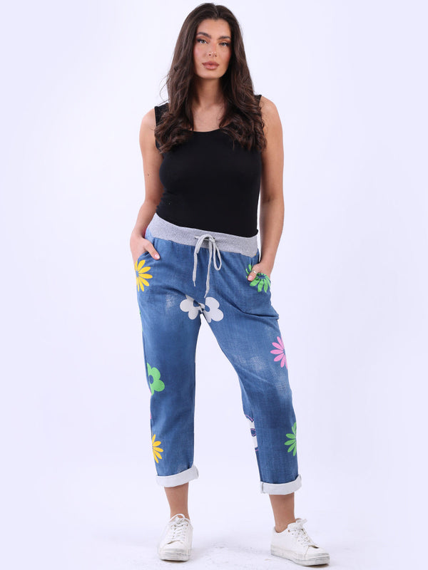 Made In Italy Relaxed Fit Ladies Cotton Multi Flower Joggers