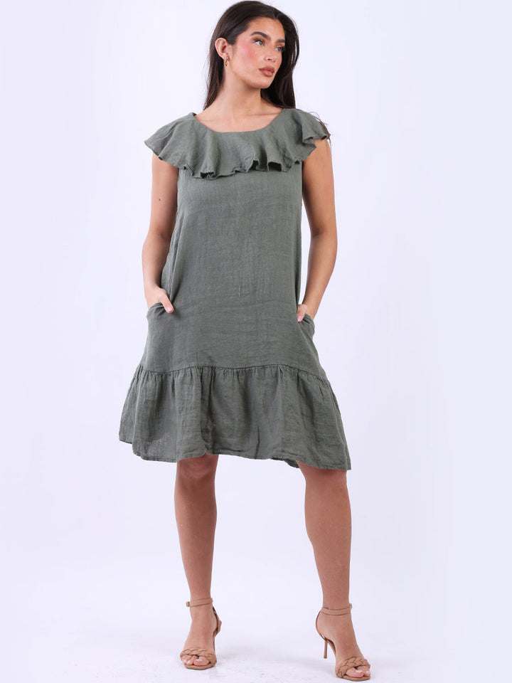 Ruffle Sleeveless Linen Top Khaki
