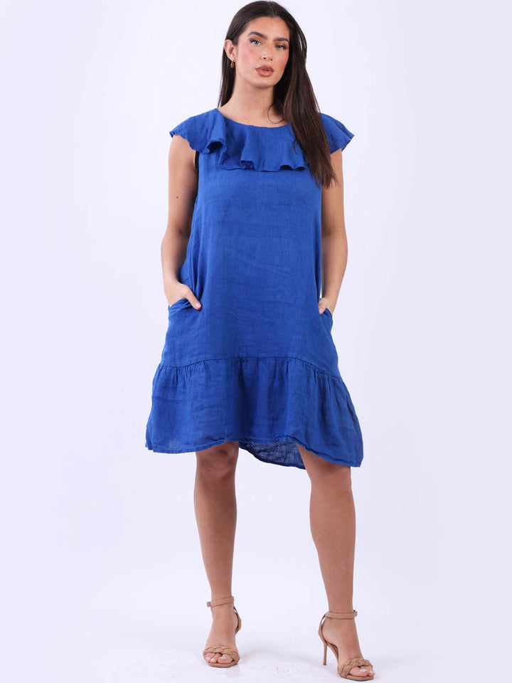 Ruffle Sleeveless Linen Top Royal Blue