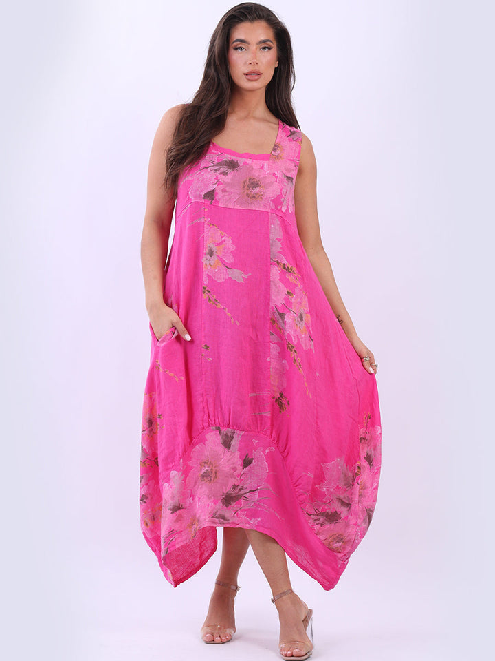 Sleeveless Floral Linen Sundress Fuchsia