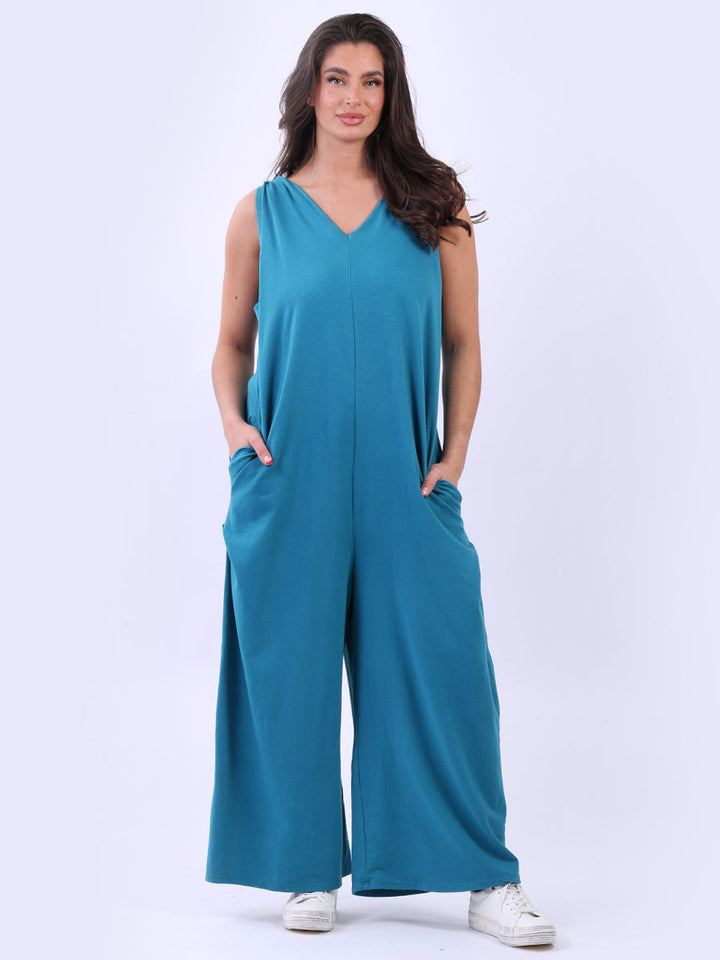 Women Sleeveless Cotton Jumpsuit Aqua