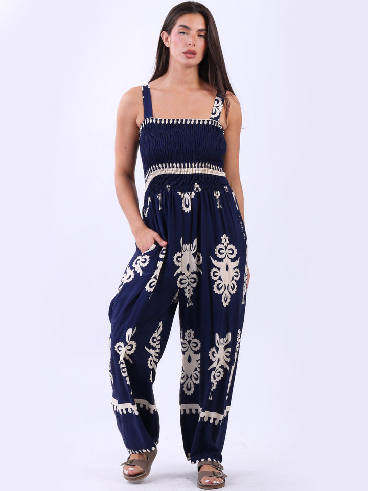 Smocked Wide Leg Jumpsuit Navy