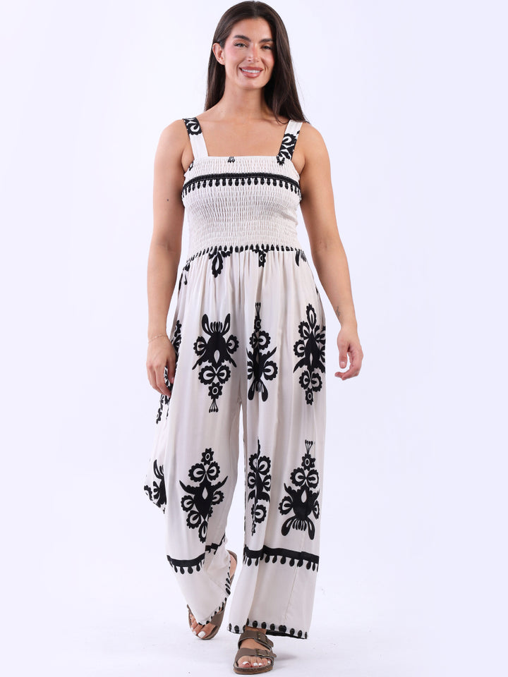 Smocked Wide Leg Jumpsuit Off White