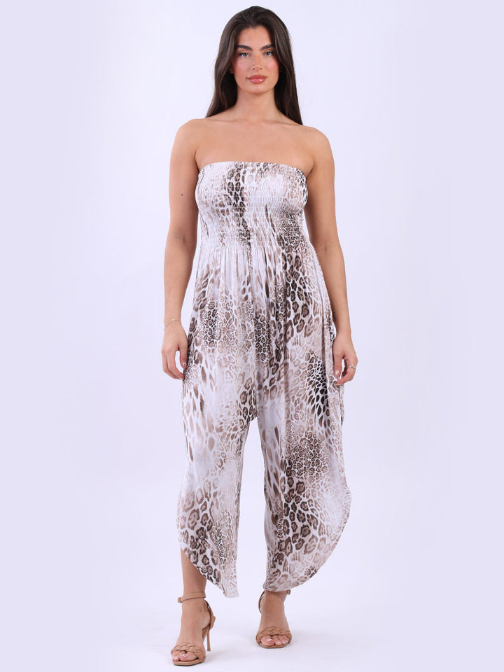 Women Smocked Jumpsuit Beige