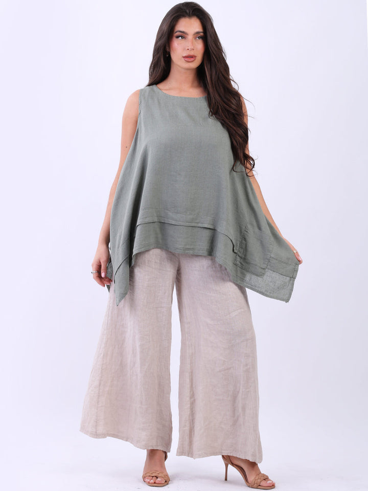 Plain Linen tank Top Khaki