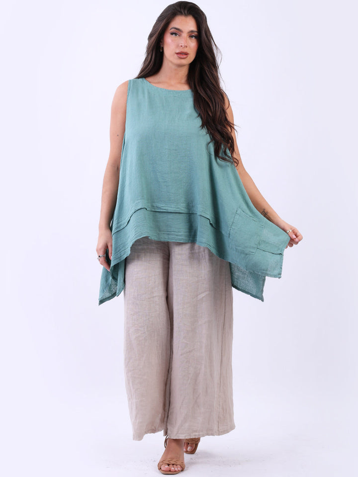 Plain Linen tank Top Ocean Blue