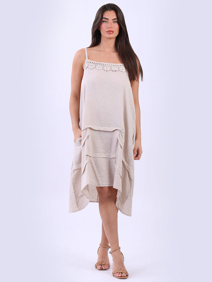 Solid Linen Strappy Midi Dress Beige