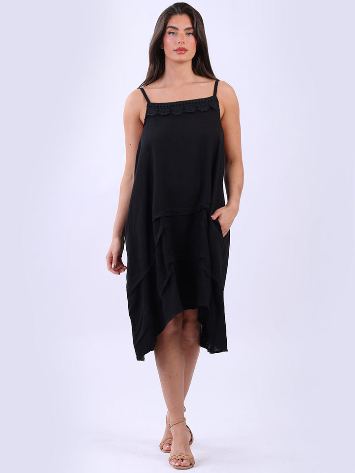 Solid Linen Strappy Midi Dress Black