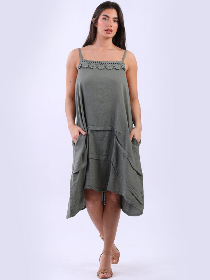 Solid Linen Strappy Midi Dress Khaki