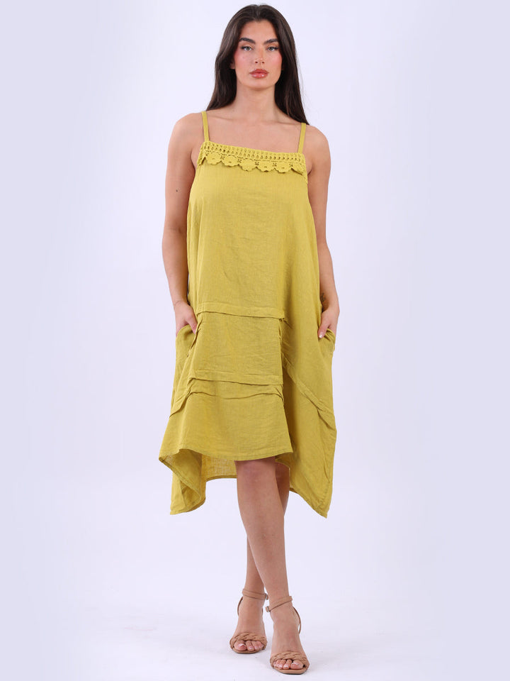 Solid Linen Strappy Midi Dress Mustard