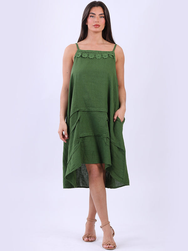 Solid Linen Strappy Midi Dress Olive
