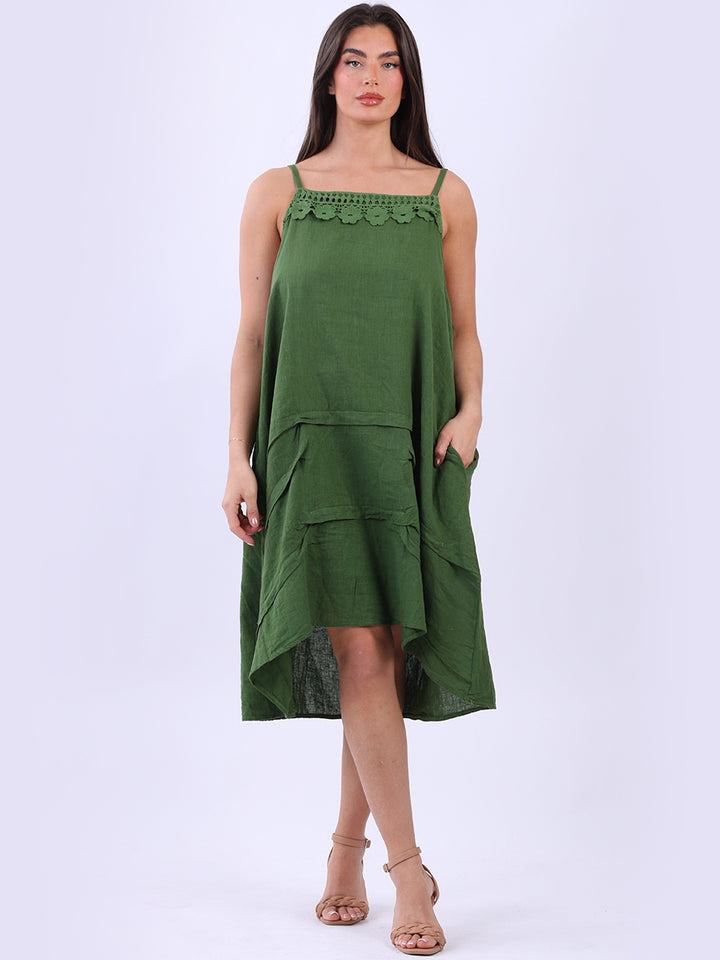 Solid Linen Strappy Midi Dress Olive