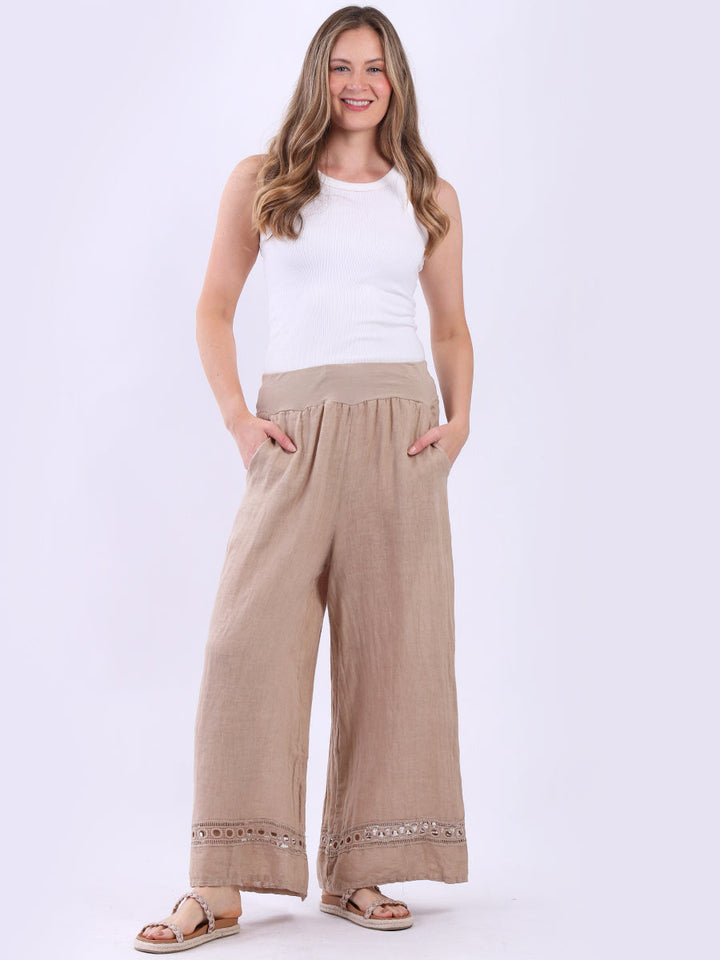 Solid Linen Wide Leg Trouser Beige