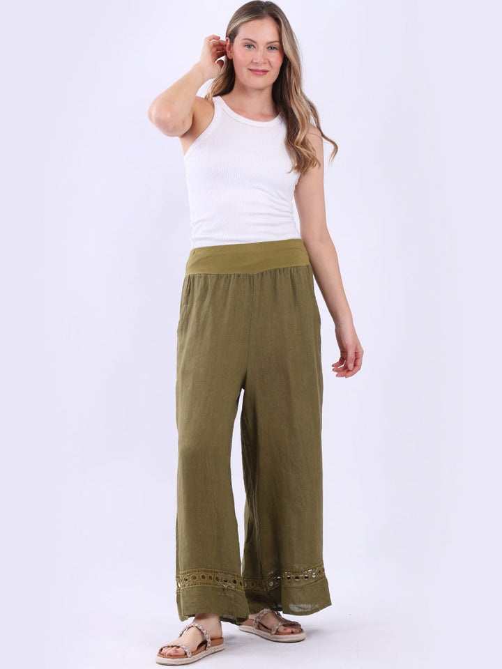 Solid Linen Wide Leg Trouser Olive