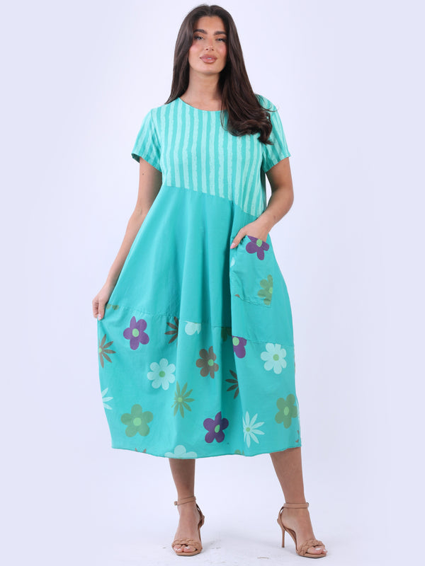 Stripy Floral Slouchy Dress Aqua