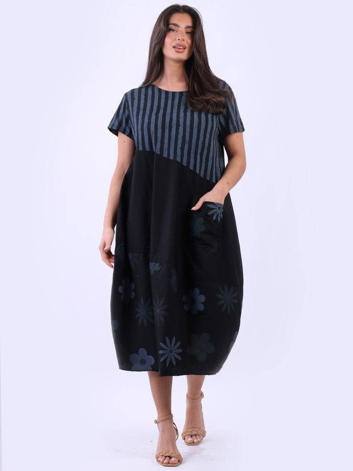 Stripy Floral Slouchy Dress Black