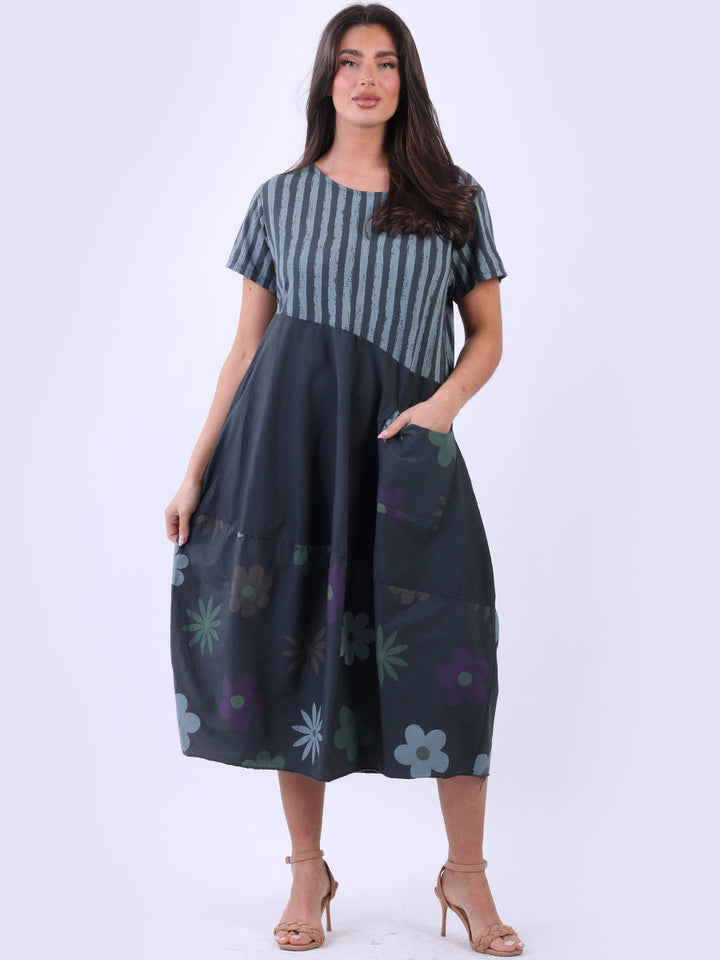 Stripy Floral Slouchy Dress Charcoal