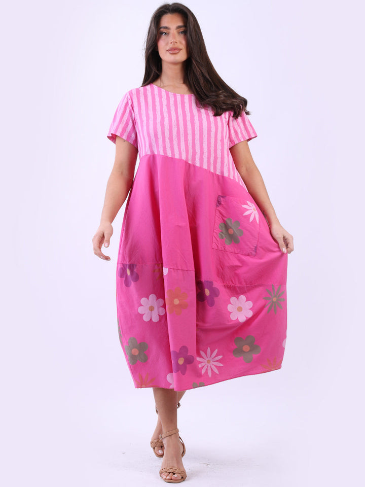 Stripy Floral Slouchy Dress Fuchsia