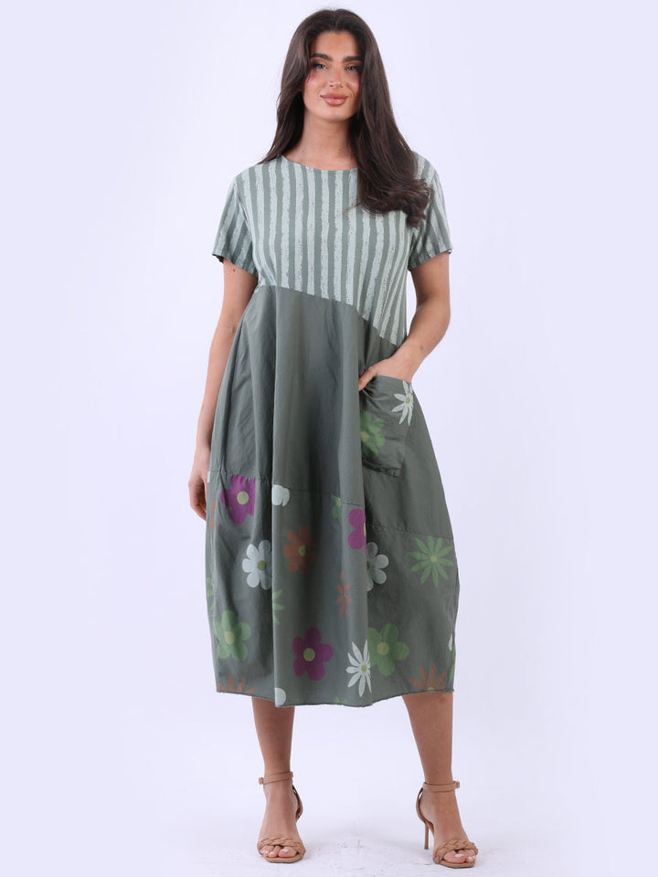 Stripy Floral Slouchy Dress Khaki