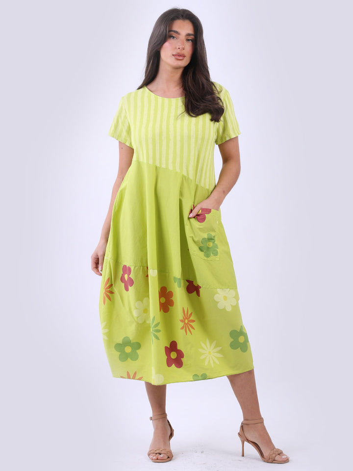 Stripy Floral Slouchy Dress Lime Green