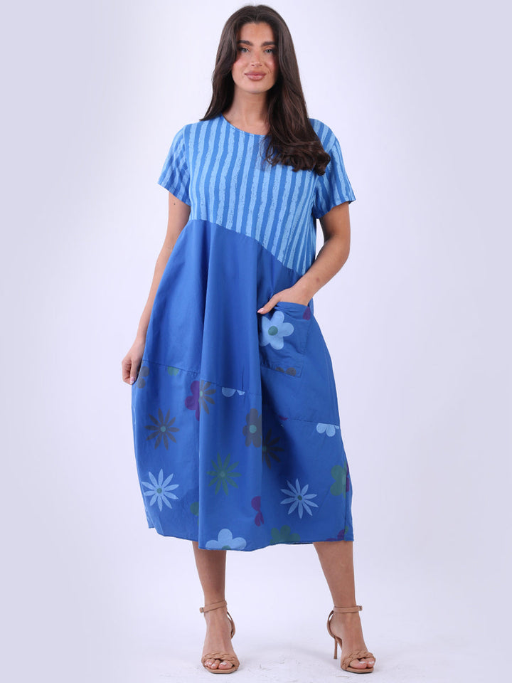 Stripy Floral Slouchy Dress Royal Blue