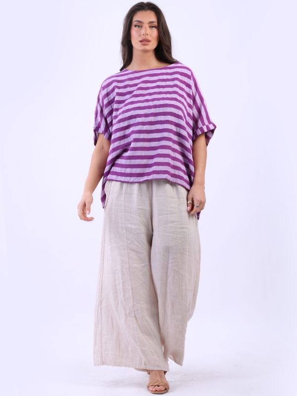 Plus Size Stripy Print Cotton Lagenlook Box Top