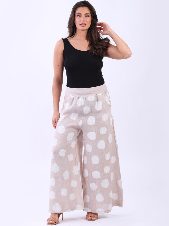 Wide Leg Polka Dots Linen Palazzo Beige