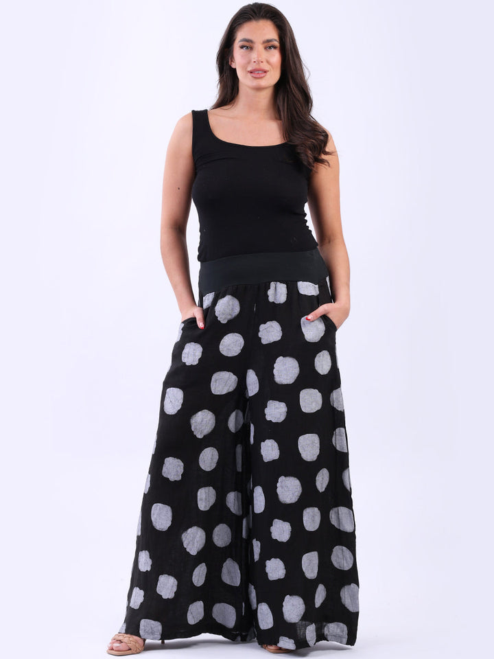 Wide Leg Polka Dots Linen Palazzo Black