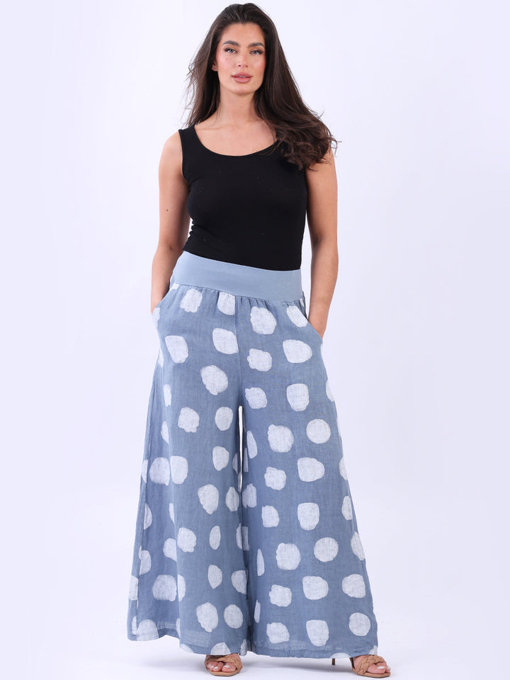 Wide Leg Polka Dots Linen Palazzo Denim