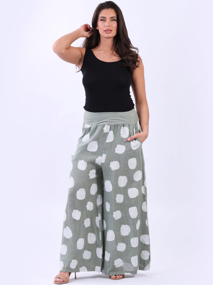 Wide Leg Polka Dots Linen Palazzo Khaki
