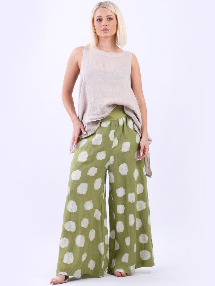 Wide Leg Polka Dots Linen Palazzo Lime Green