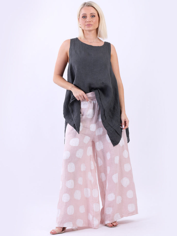 Wide Leg Polka Dots Linen Palazzo Pink