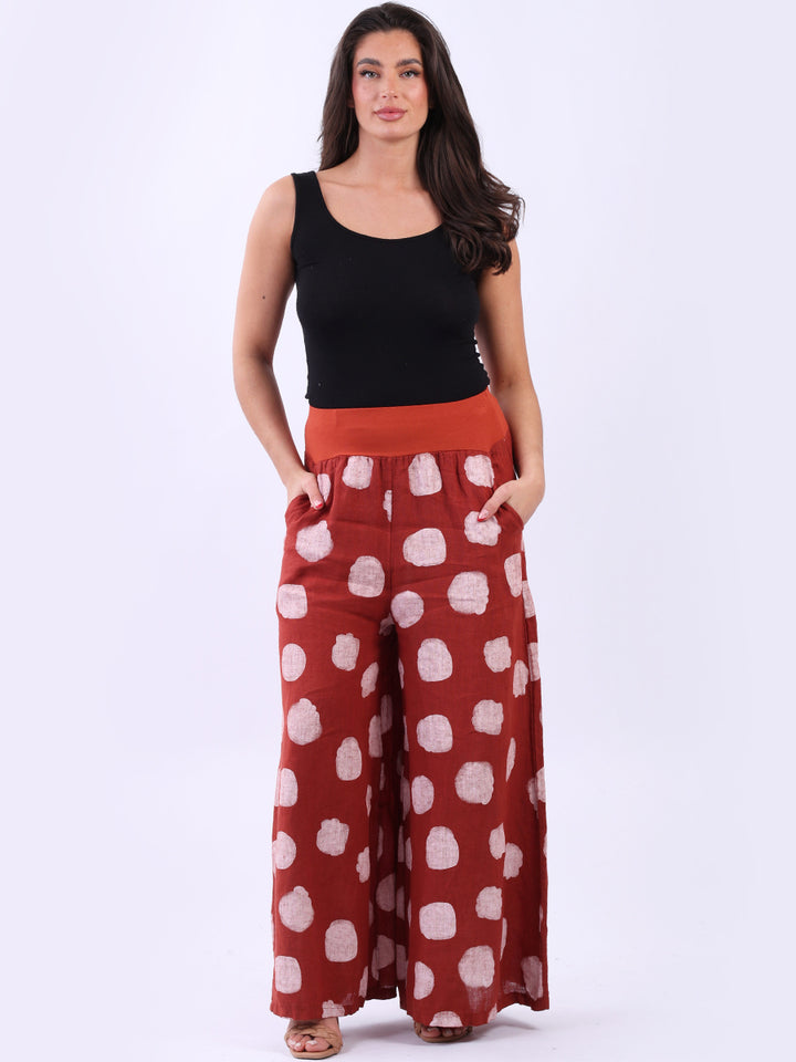 Wide Leg Polka Dots Linen Palazzo Rust