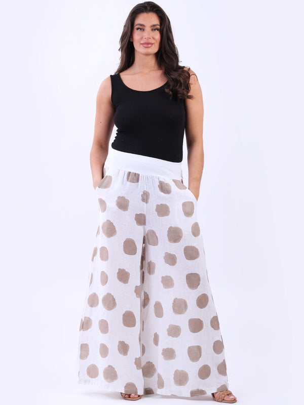 Wide Leg Polka Dots Linen Palazzo White