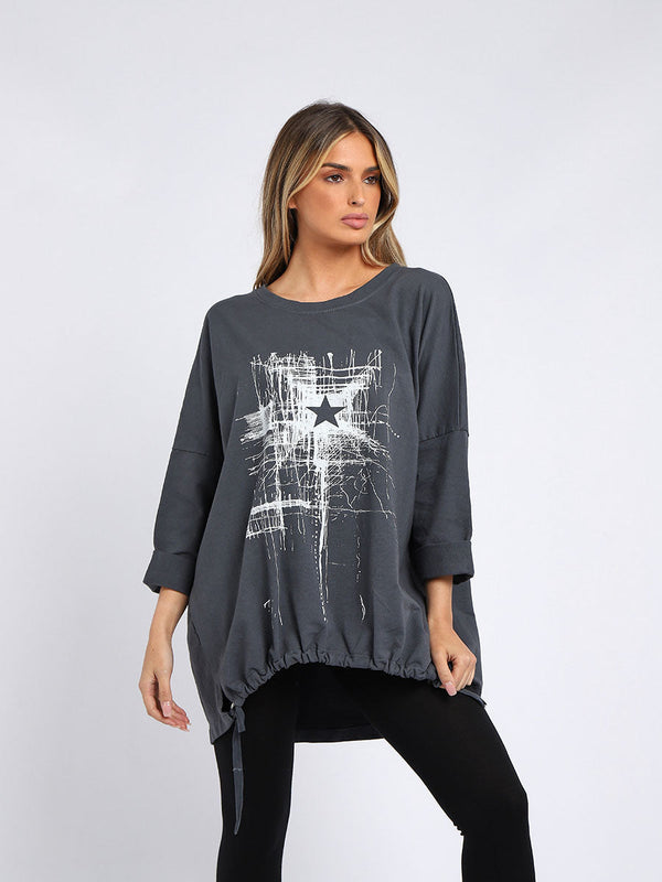 Plus Size Abstract Star Print Drawstring Dipped Hem Cotton Lagenlook Top