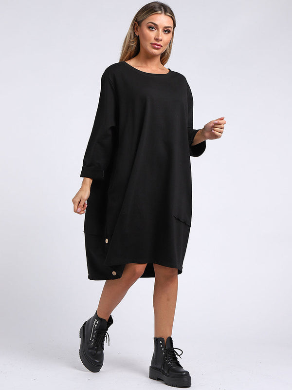 Plus Size Plain Buttoned Hem Cotton Lagenlook Slouch Dress