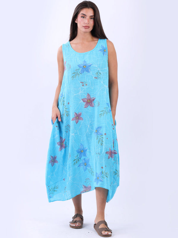 Oversized Floral Cotton Sleeveless Dress Azure