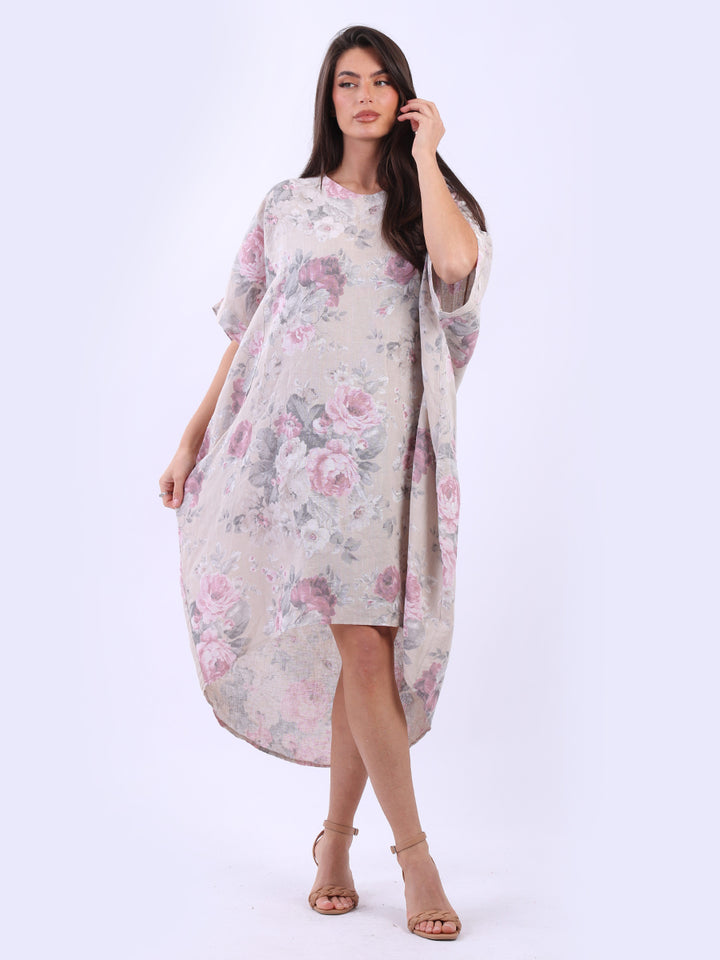 Floral Linen Slouchy Dress Beige