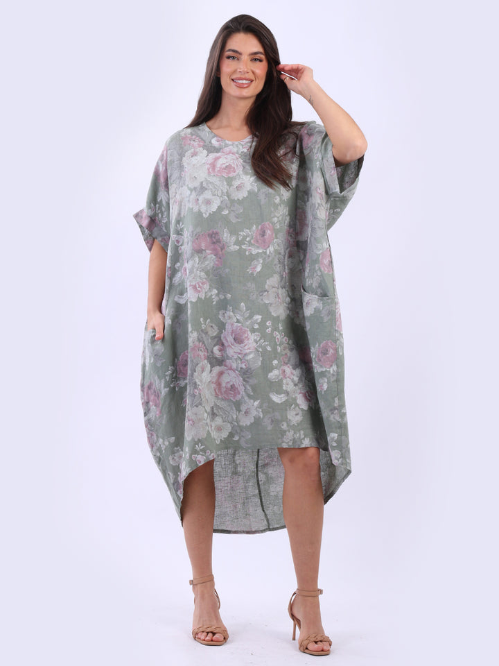 Floral Linen Slouchy Dress Khaki