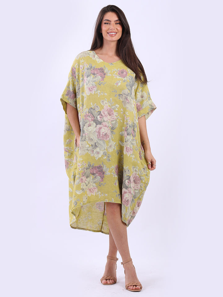 Floral Linen Slouchy Dress Lime Green
