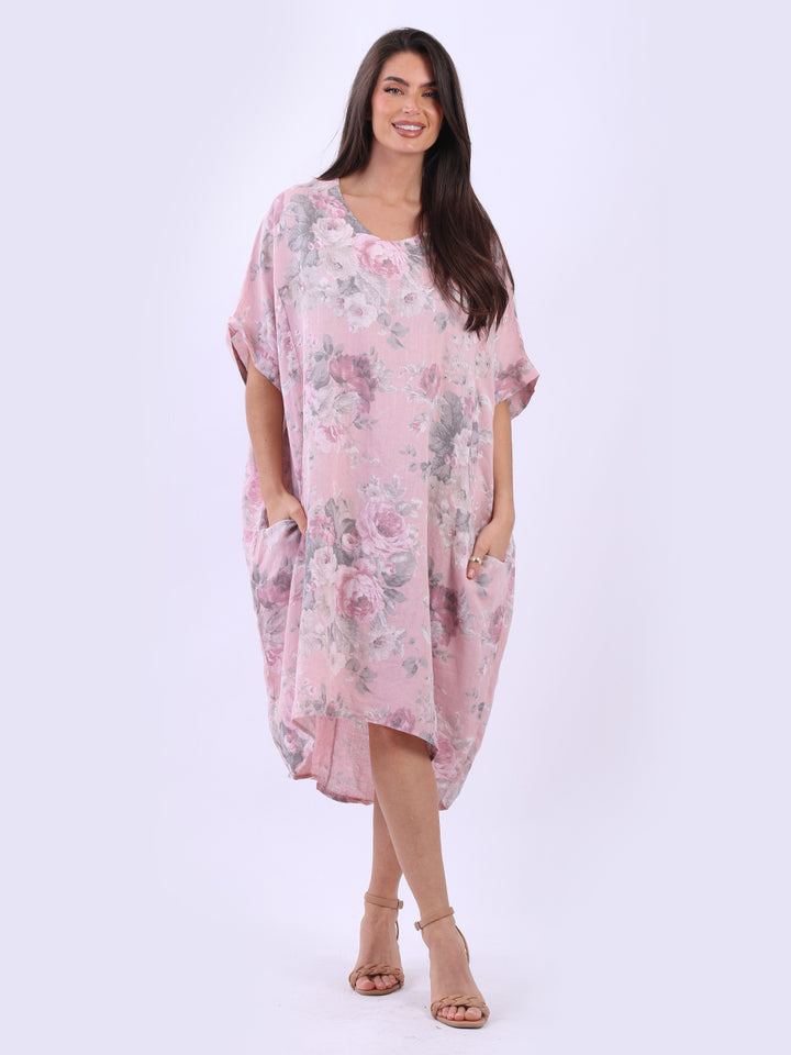 Floral Linen Slouchy Dress Pink