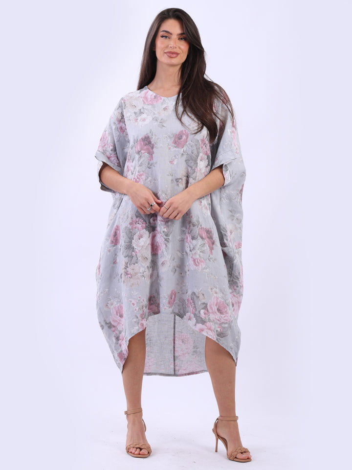 Floral Linen Slouchy Dress Silver