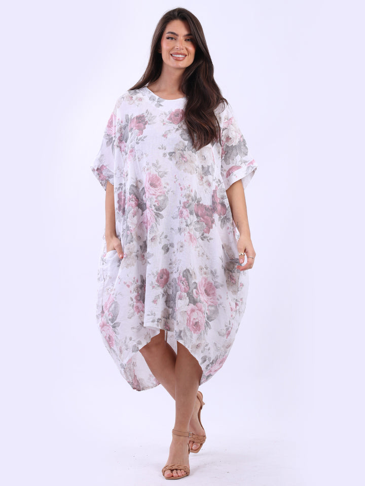 Floral Linen Slouchy Dress White