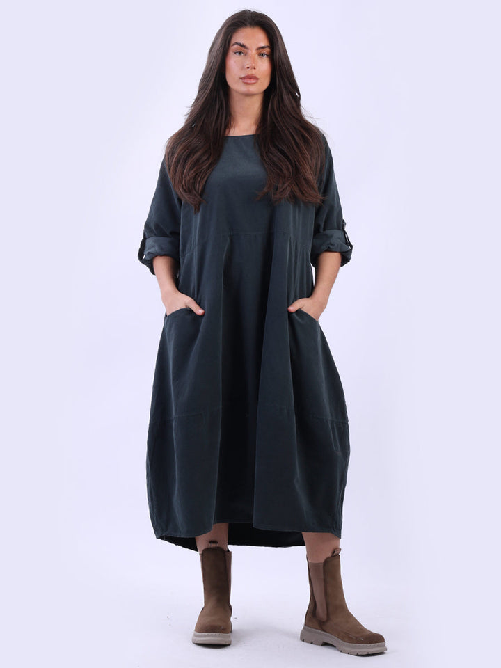 Oversized Solid Cotton Corduroy Dress Charcoal