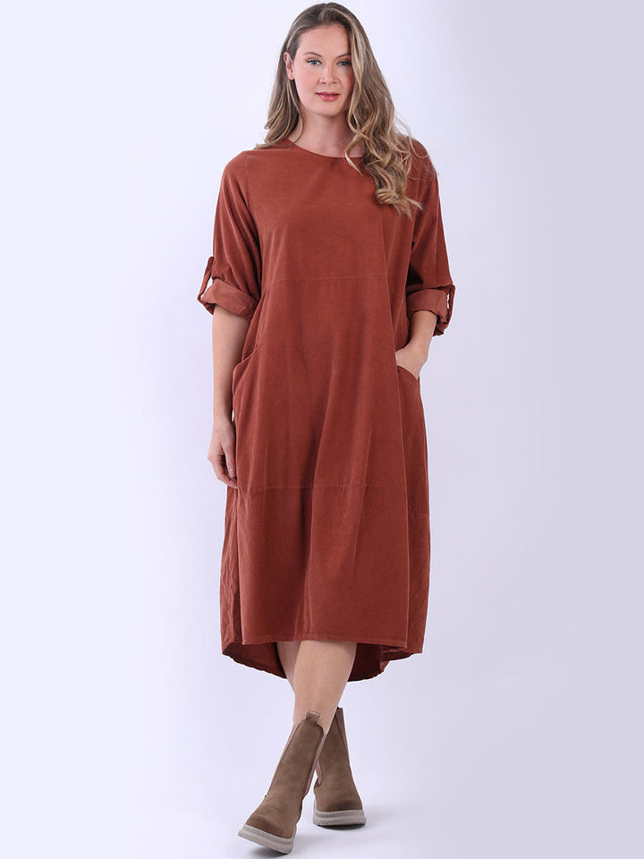 Oversized Solid Cotton Corduroy Dress Rust