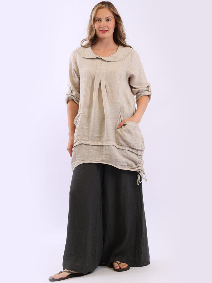Peter Pan Collar Linen Top Beige