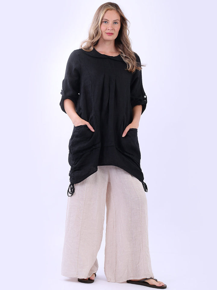 Peter Pan Collar Linen Top Black