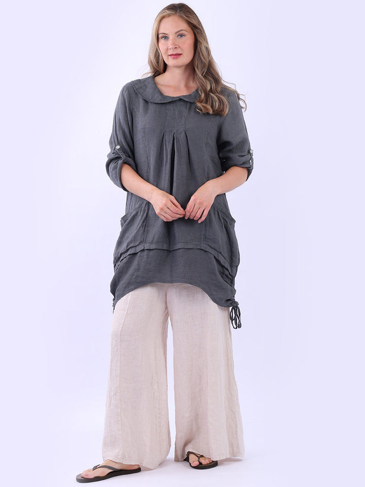Peter Pan Collar Linen Top Charcoal