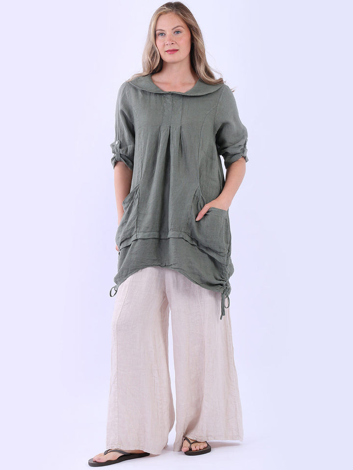 Peter Pan Collar Linen Top Khaki